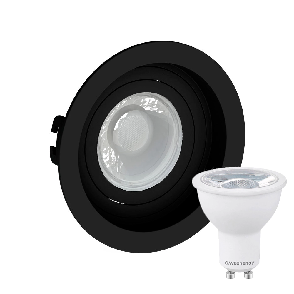 Kit 2 Spot Embutir Redondo Recuado Dicroica Mr16 Preto + Lâmpada Dicroica 4,8w 6500k