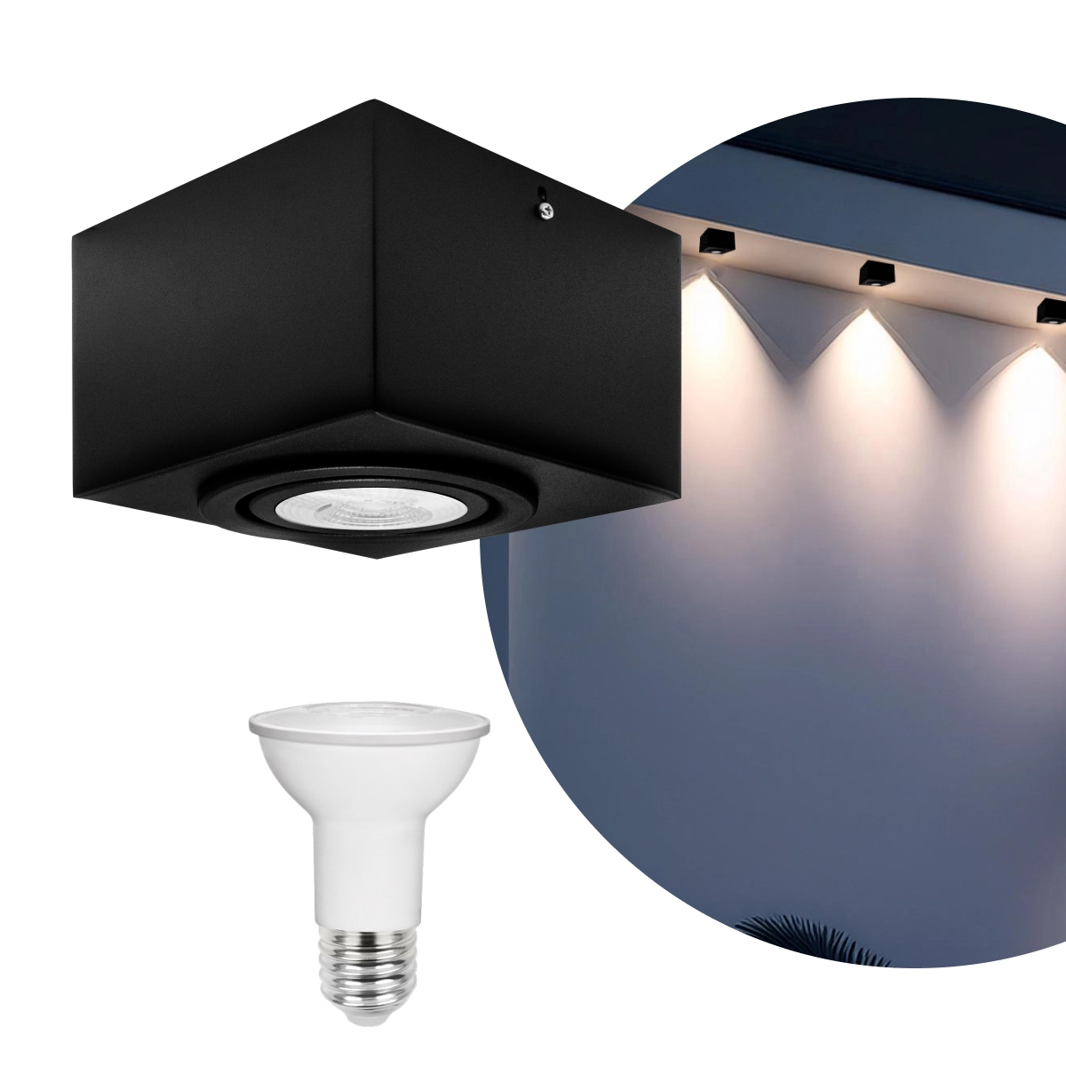 Kit 2 Spot Plafon Sobrepor Box Quadrado Par20 Preto + Led 7w Branco Quente