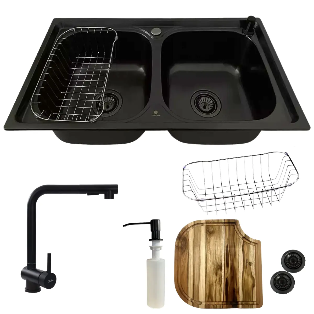 Cuba Dupla Gourmet 78x43 Inox Preta + Torneira Preta E Tábua