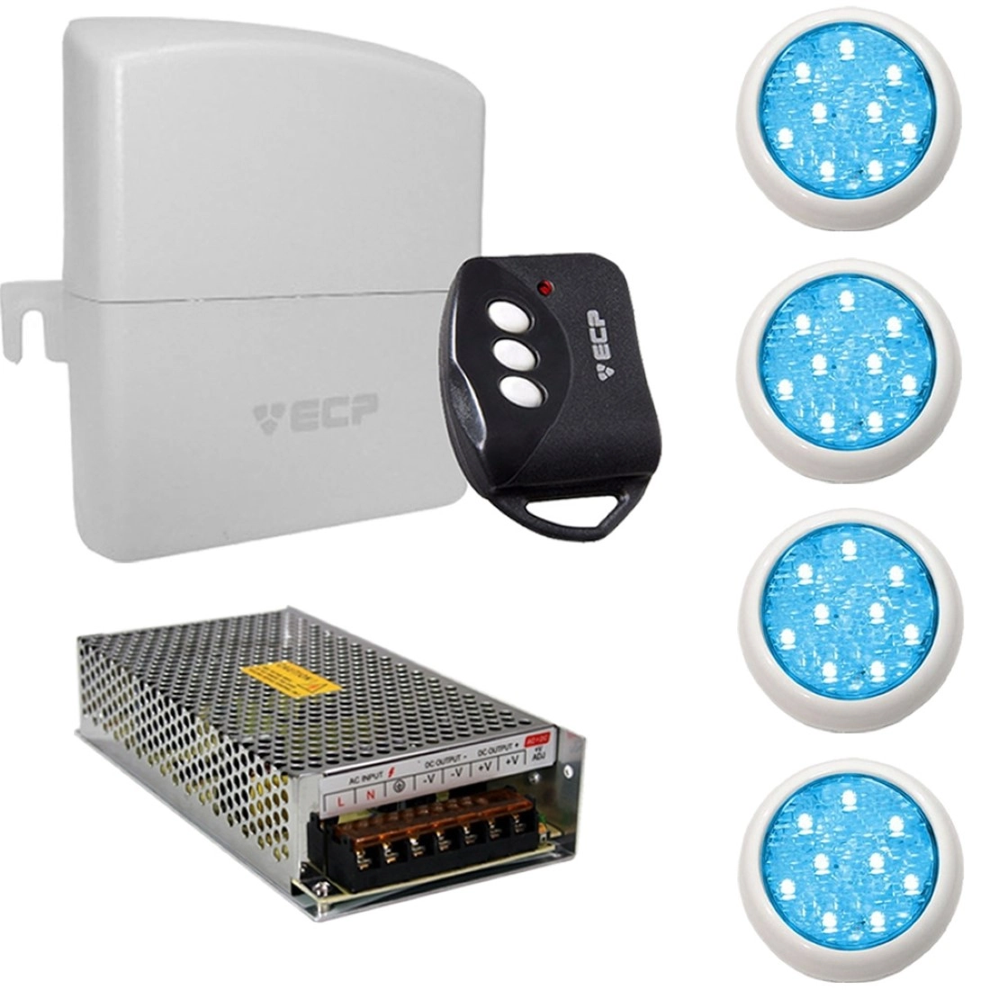 Kit 4 Led Piscina Monocromático 9w + Central + Controle - Branco - Encaixe 3/4"