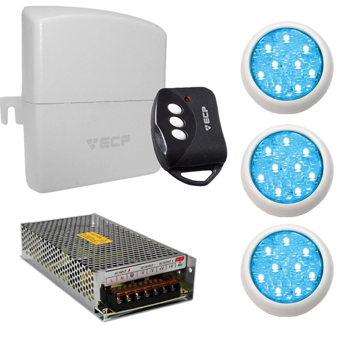 Kit 3 Led Piscina Monocromático 9w + Central + Controle - Branco - Encaixe 3/4"