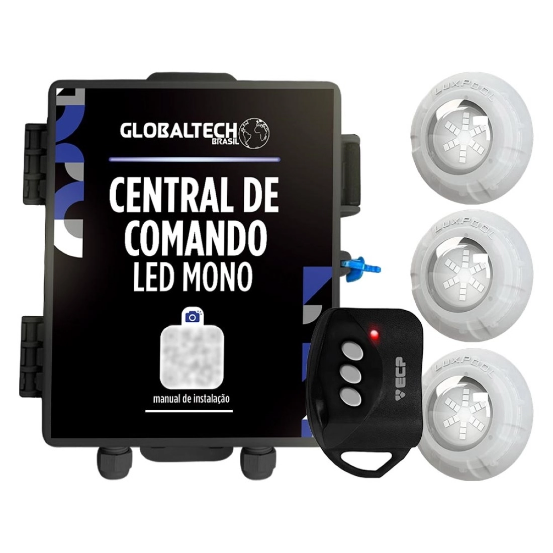 Kit 3 Led Piscina Monocromático 9w + Central + Controle - Luxpool - Azul