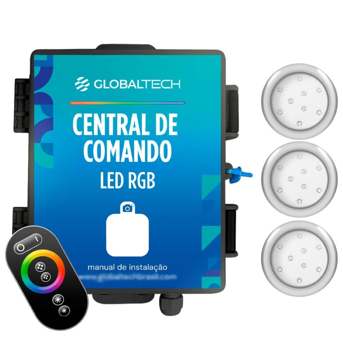 Kit 3 Refletor Led Piscina Rgb 9w Inox + Central Touch - Encaixe 25mm (3/4)