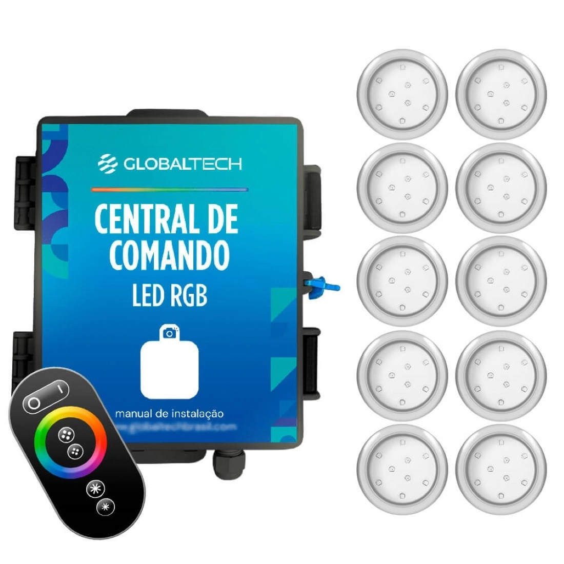 Kit 10 Refletor Led Piscina Rgb 9w Inox + Central Touch - Encaixe 25mm (3/4)