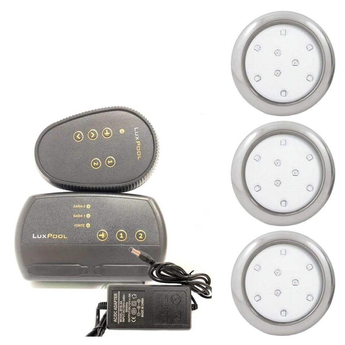 Kit 3 Refletor Led Piscina Rgb 9w Inox + Central Compacta - Encaixe 25mm (3/4)