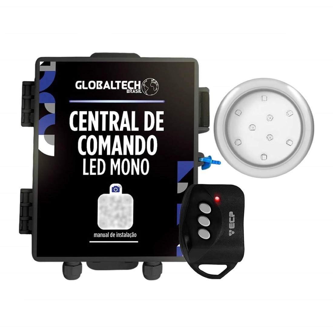 Kit 1 Led Piscina Mono 9w Inox + Central De Comando Globaltech - Azul