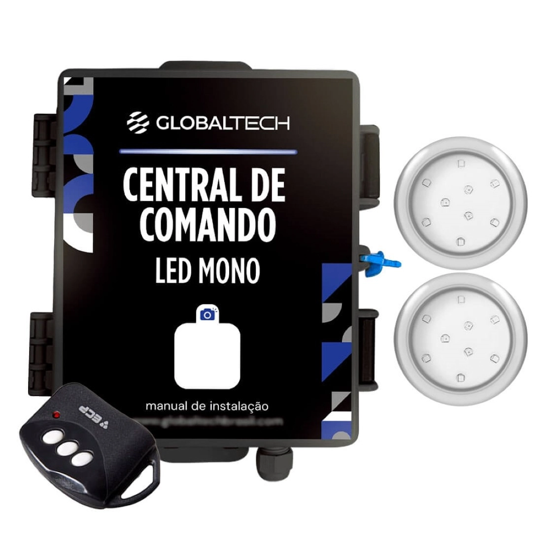 Kit 2 Led Piscina Mono 9w Inox + Central De Comando Globaltech - Branco