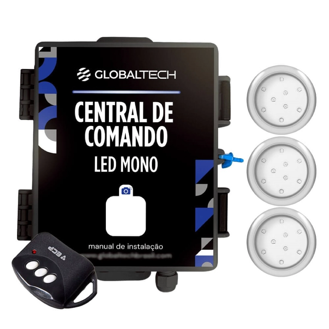 Kit 3 Led Piscina Mono 9w Inox + Central De Comando Globaltech - Azul