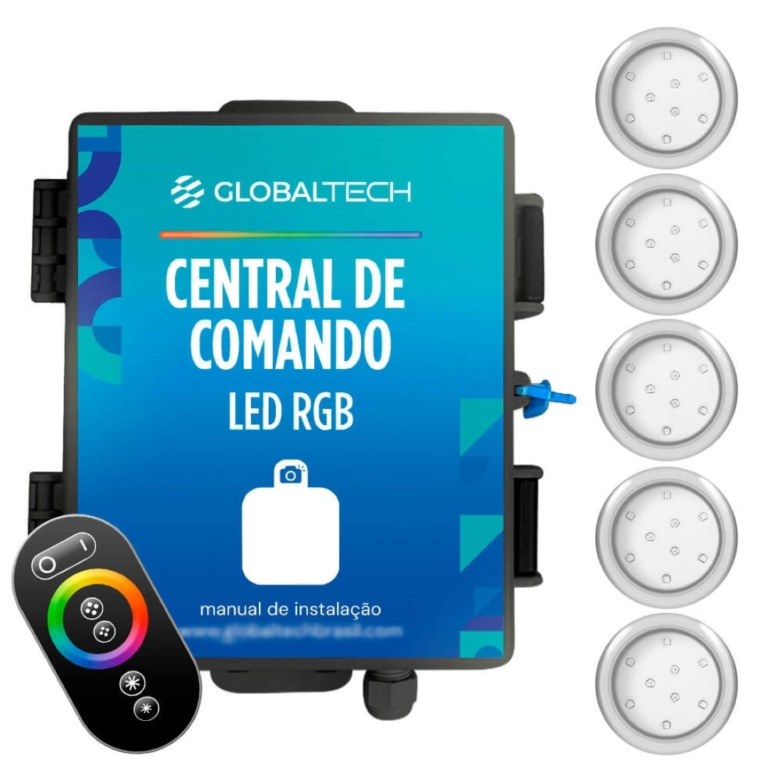 Kit 5 Refletor Led Piscina Rgb 9w Inox + Central Touch - Encaixe 25mm (3/4)