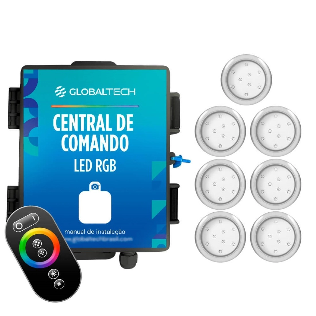 Kit 7 Refletor Led Piscina Rgb 9w Inox + Central Touch - Encaixe 25mm (3/4)