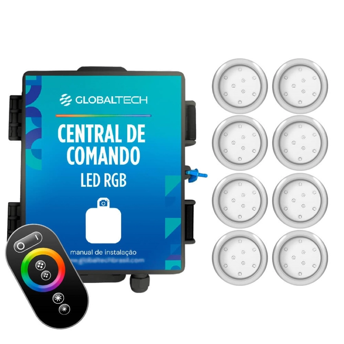 Kit 8 Refletor Led Piscina Rgb 9w Inox + Central Touch - Encaixe 25mm (3/4)