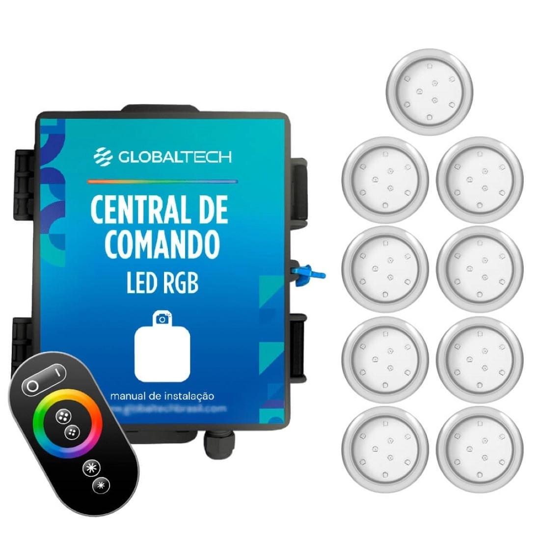 Kit 9 Refletor Led Piscina Rgb 9w Inox + Central Touch - Encaixe 25mm (3/4)