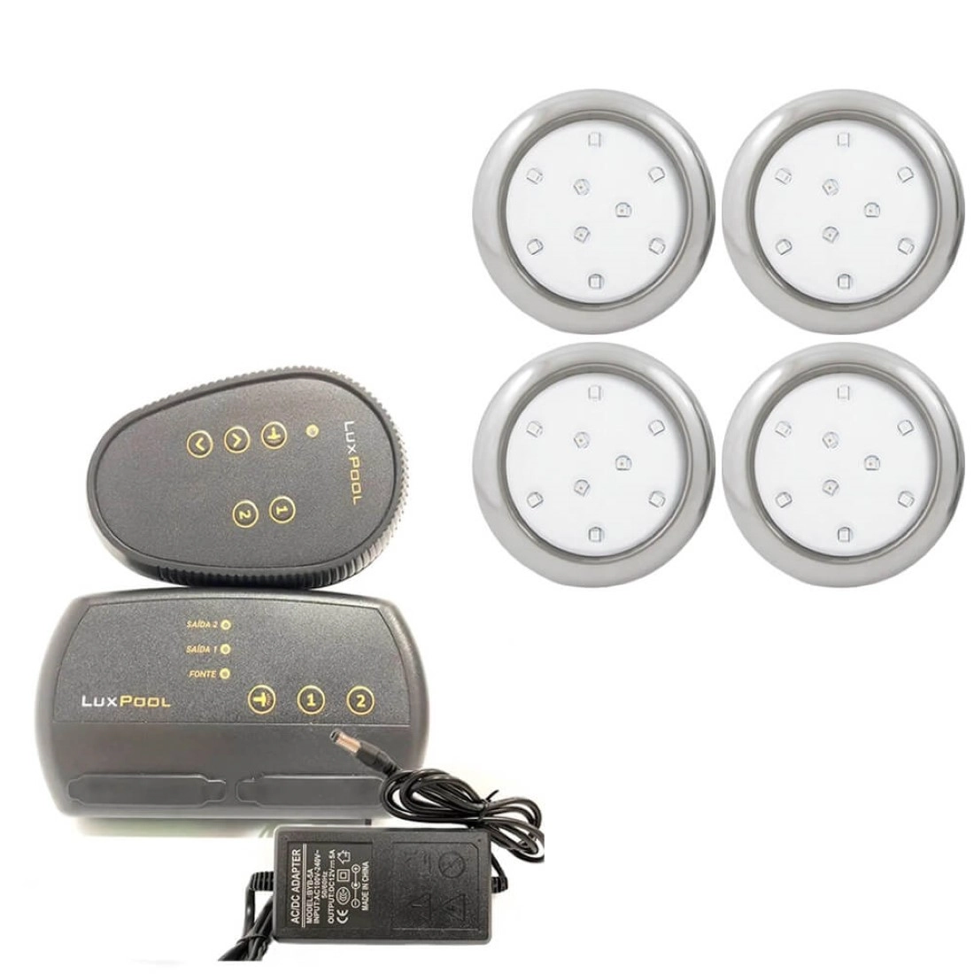 Kit 4 Refletor Led Piscina Rgb 9w Inox + Central Compacta - Encaixe 25mm (3/4)