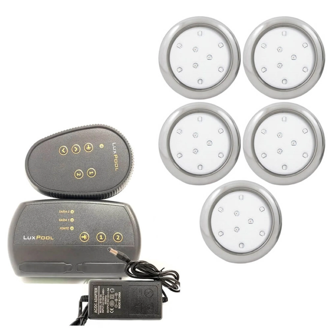 Kit 5 Refletor Led Piscina Rgb 9w Inox + Central Compacta - Encaixe 25mm (3/4)