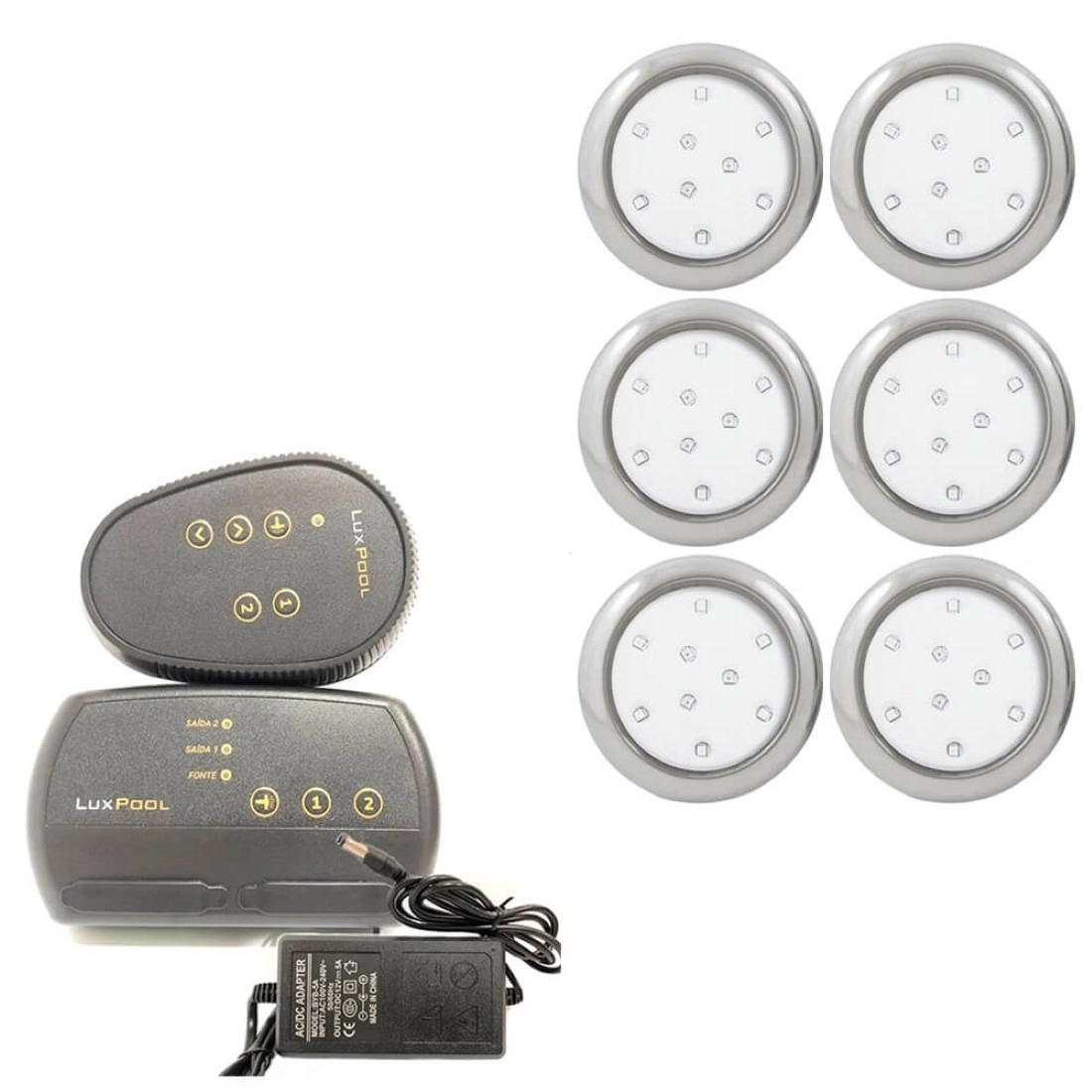 Kit 6 Refletor Led Piscina Rgb 9w Inox + Central Compacta - Encaixe 25mm (3/4)