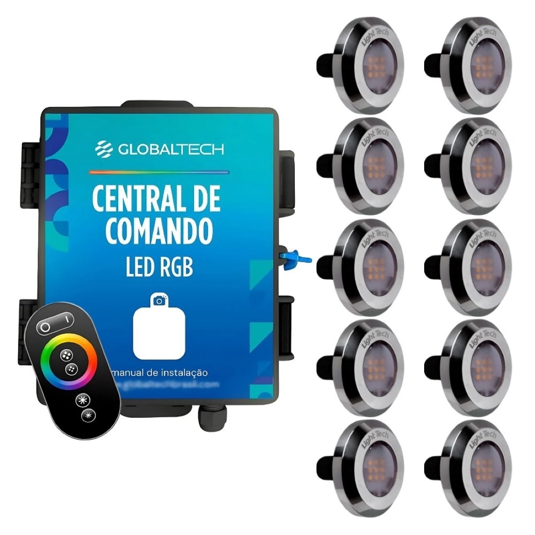Kit 10 Tiny Led Piscina Inox 316 Rgb 20w + Central + Controle