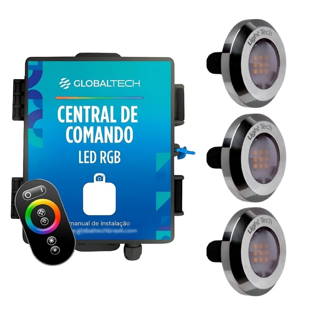 Kit 3 Tiny Led Piscina Inox 316 Rgb 20w + Central + Controle