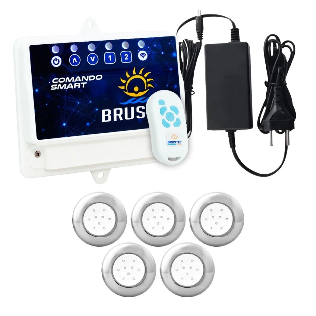 Kit 5 Led Piscina 9w Inox Rgb Colorido + Comando Wifi
