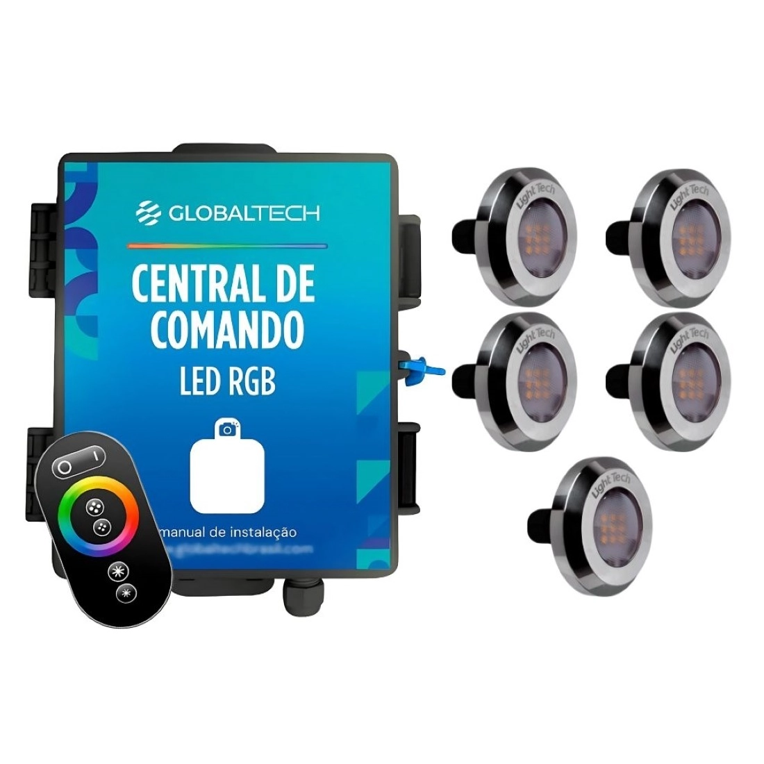 Kit 5 Tiny Led Piscina Inox 316 Rgb 20w + Central + Controle