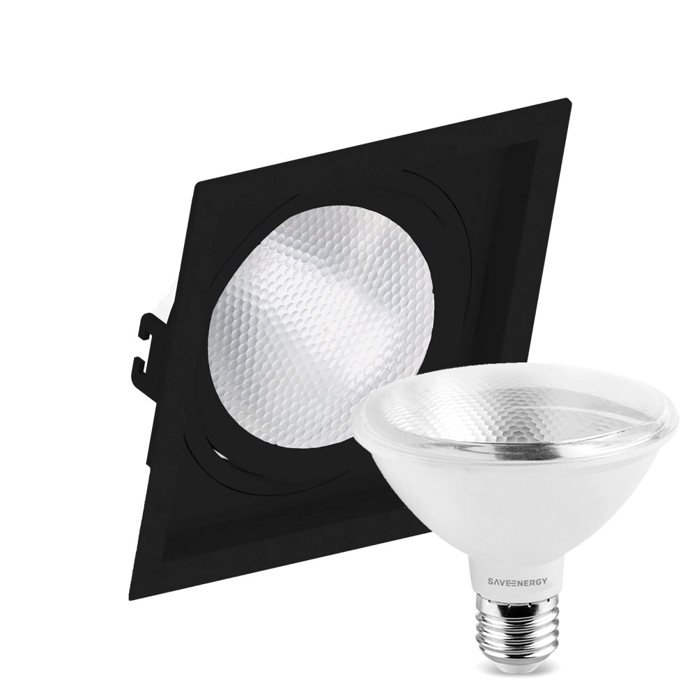 Kit 3 Spot Embutir Quadrado Recuado Par30 Preto + Lâmpada Led 10w 4000k