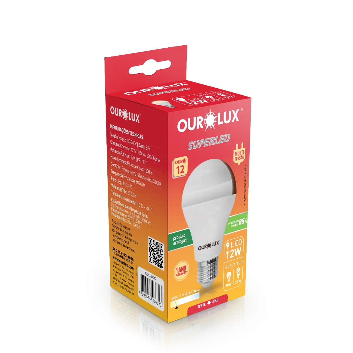 Kit 3 Lâmpada Led Bulbo 12w Branco Quente (3000k) - Ourolux