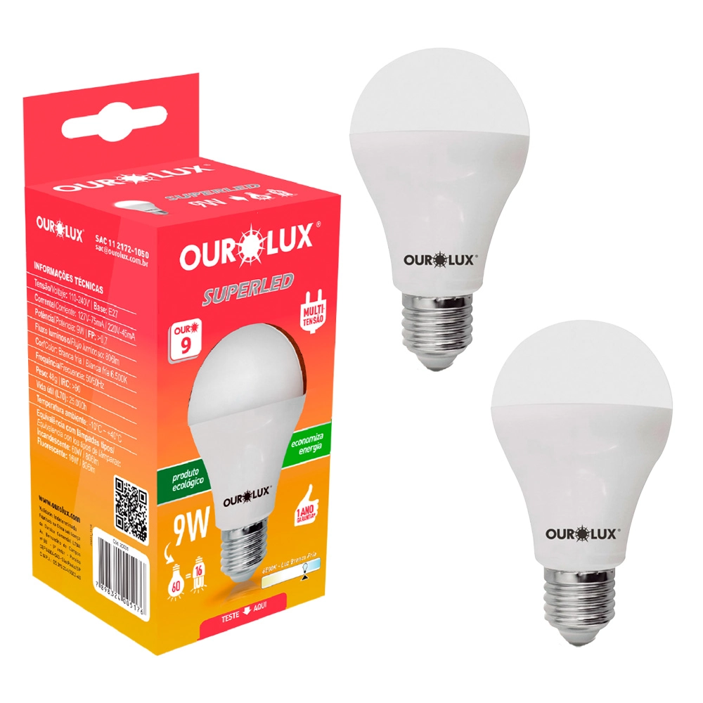 Kit 2 Lâmpada Led Bulbo 9w Branco Frio (6500k) - Ourolux