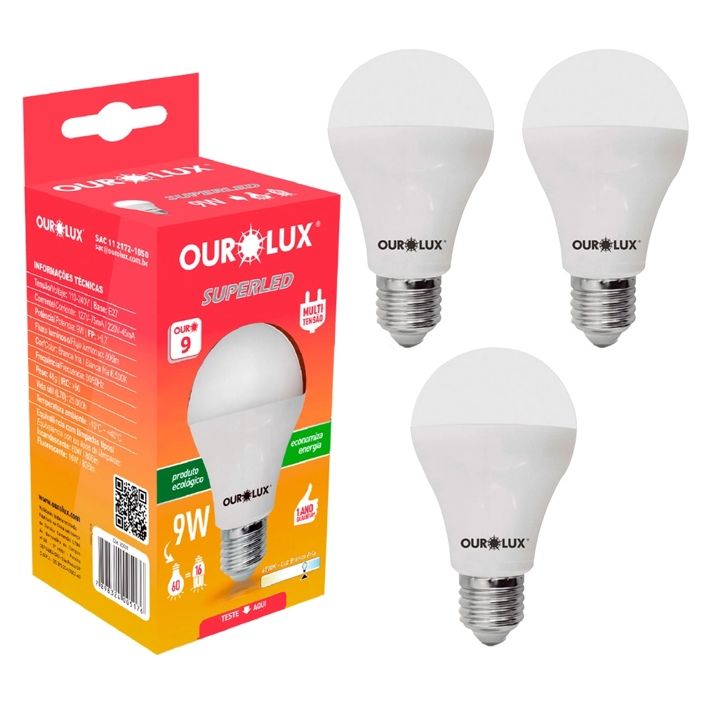 Kit 3 Lâmpada Led Bulbo 9w Branco Frio (6500k) - Ourolux
