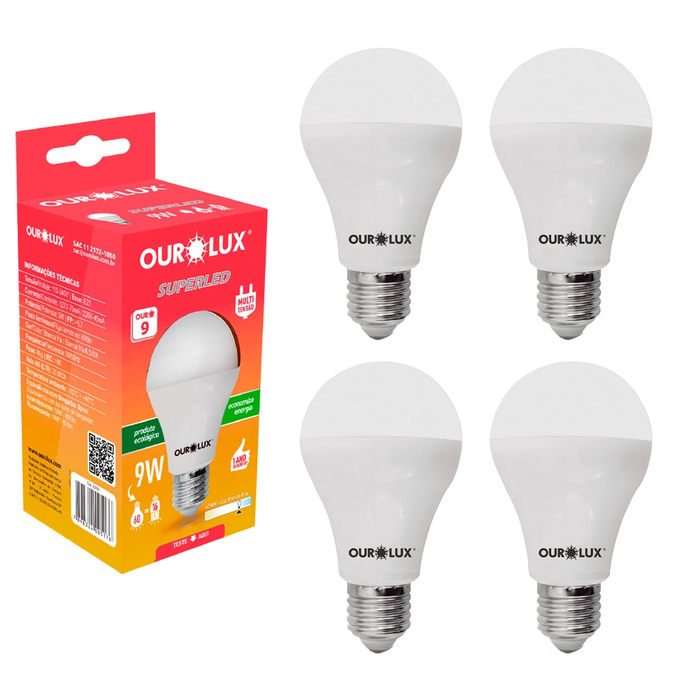 Kit 4 Lâmpada Led Bulbo 9w Branco Frio (6500k) - Ourolux
