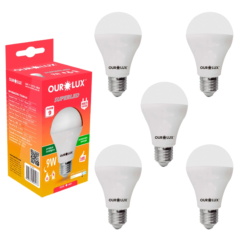 Kit 5 Lâmpada Led Bulbo 9w Branco Frio (6500k) - Ourolux