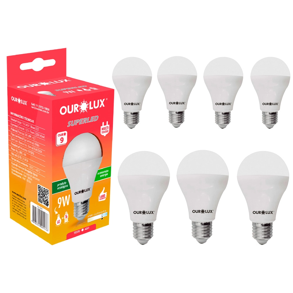 Kit 7 Lâmpada Led Bulbo 9w Branco Frio (6500k) - Ourolux