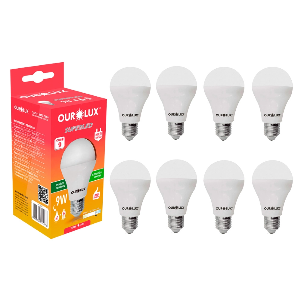 Kit 8 Lâmpada Led Bulbo 9w Branco Frio (6500k) - Ourolux