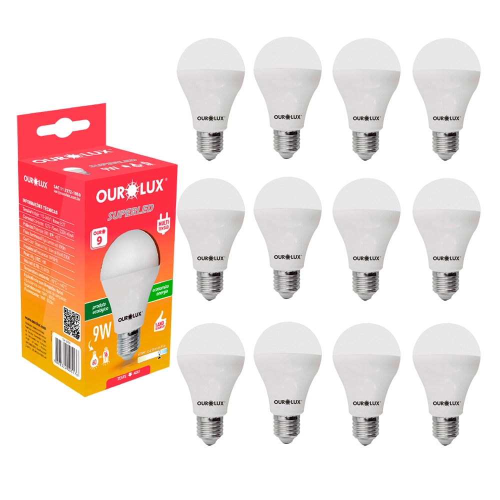 Kit 12 Lâmpada Led Bulbo 9w Branco Frio (6500k) - Ourolux