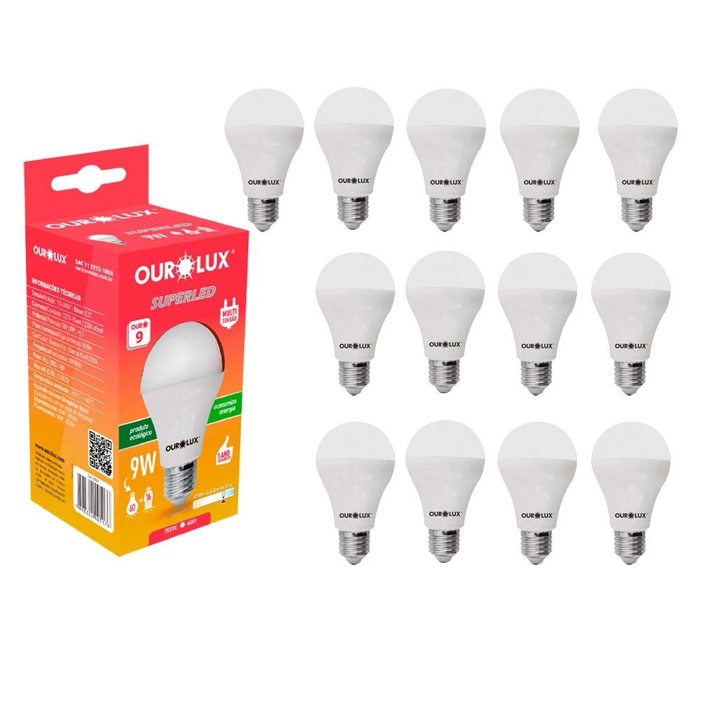 Kit 13 Lâmpada Led Bulbo 9w Branco Frio (6500k) - Ourolux