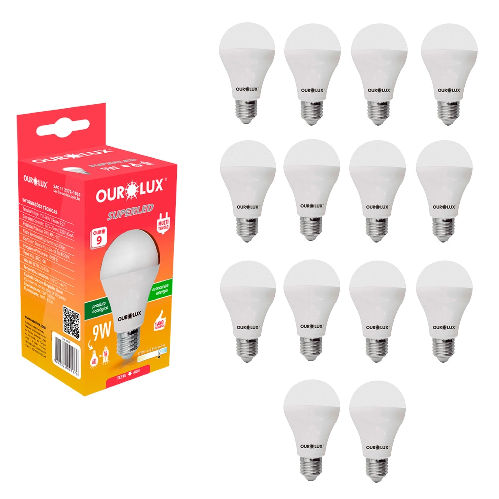 Kit 14 Lâmpada Led Bulbo 9w Branco Frio (6500k) - Ourolux