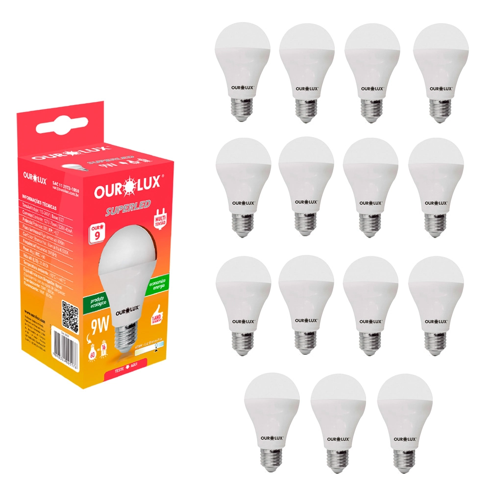 Kit 15 Lâmpada Led Bulbo 9w Branco Frio (6500k) - Ourolux