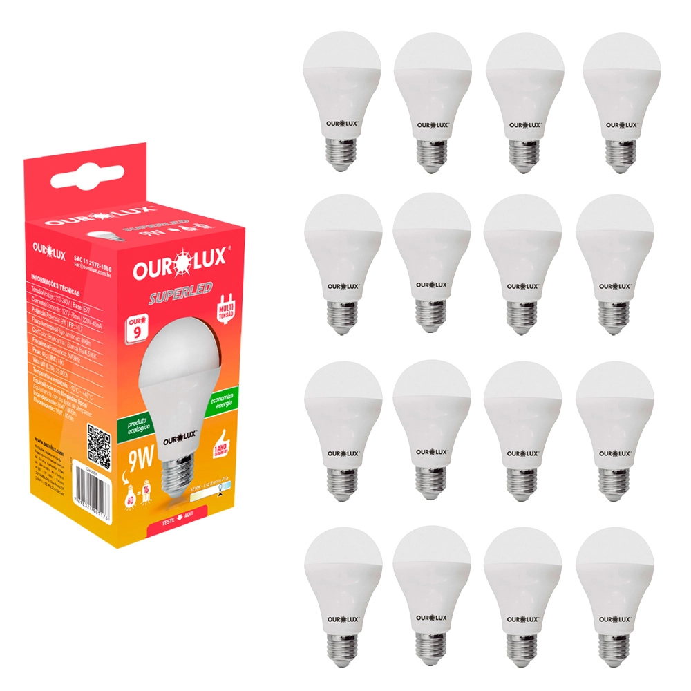 Kit 16 Lâmpada Led Bulbo 9w Branco Frio (6500k) - Ourolux