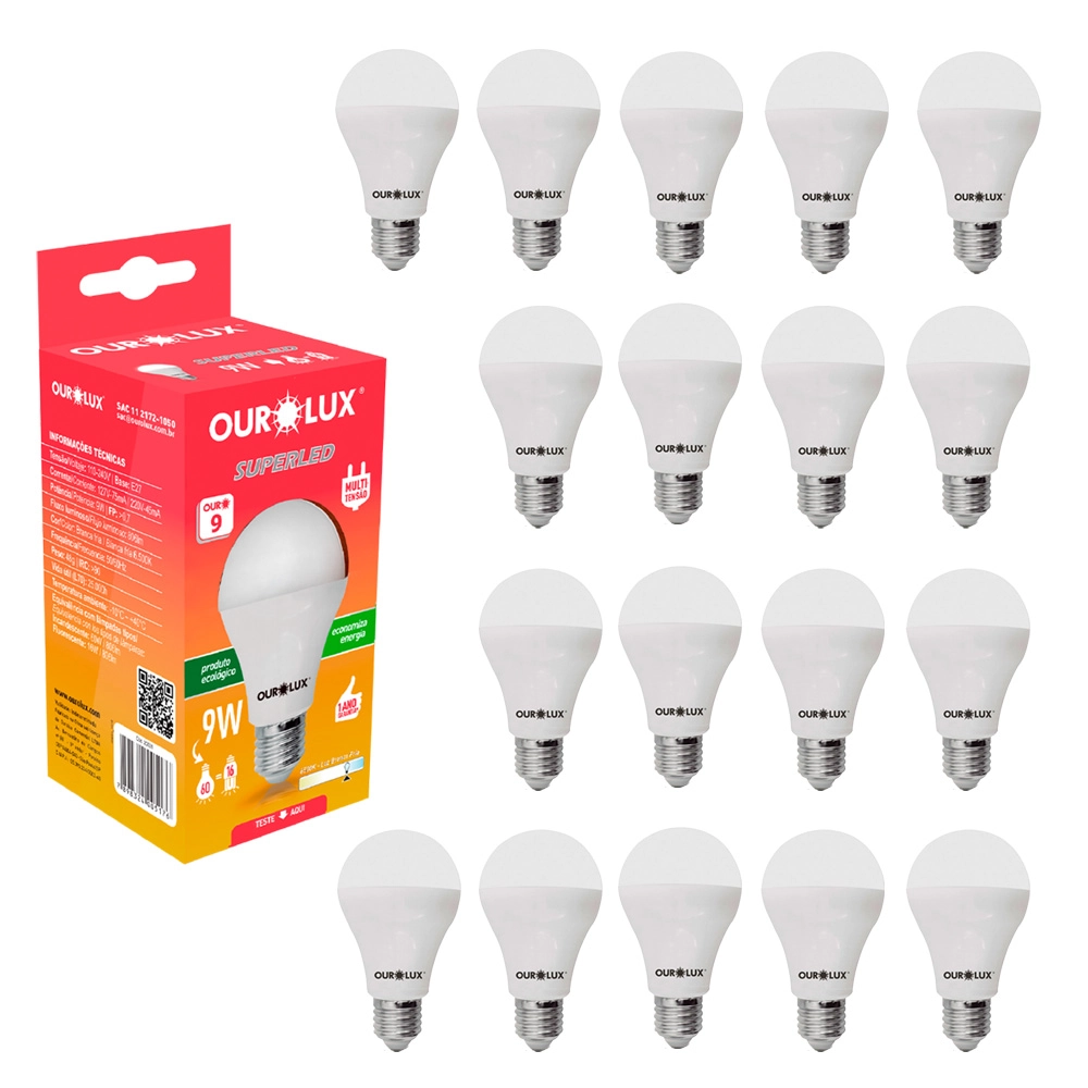 Kit 18 Lâmpada Led Bulbo 9w Branco Frio (6500k) - Ourolux