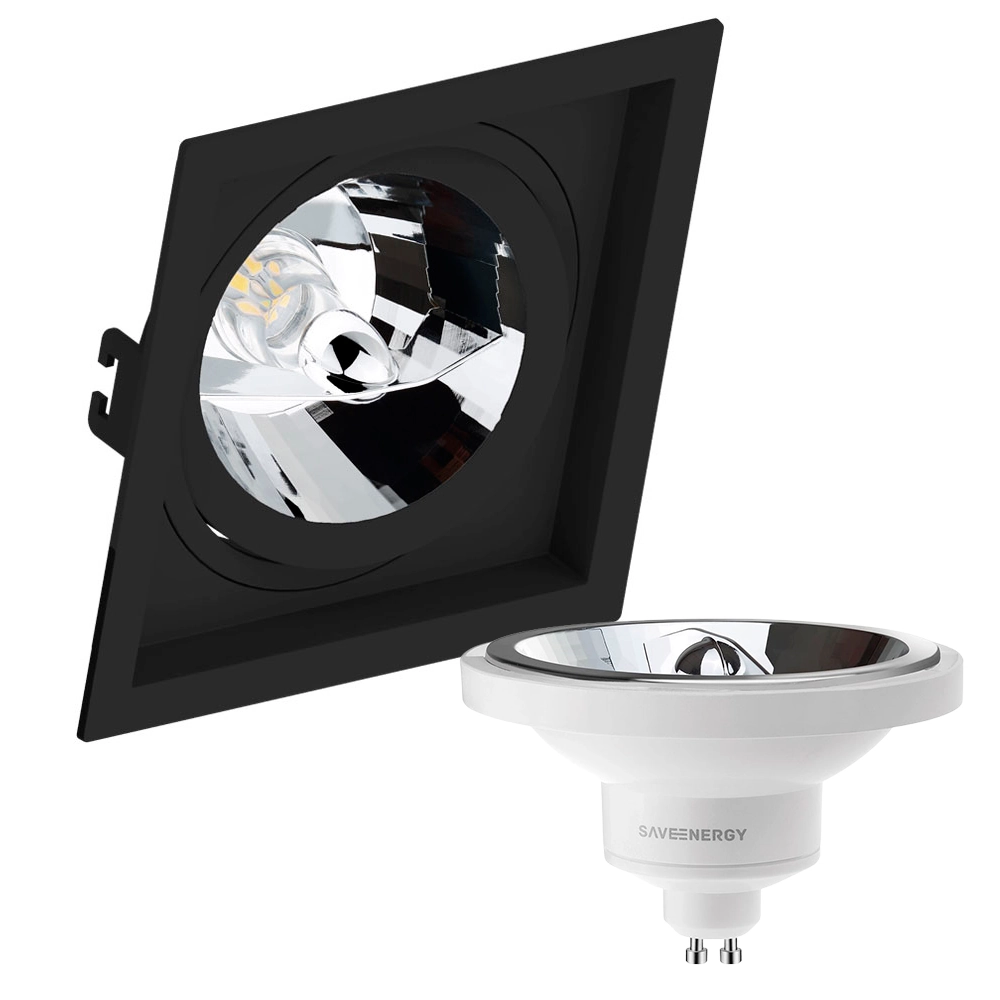 Kit 30 Spot Embutir Quadrado Recuado Ar111 Preto + Lâmpada Led 12w 2700k