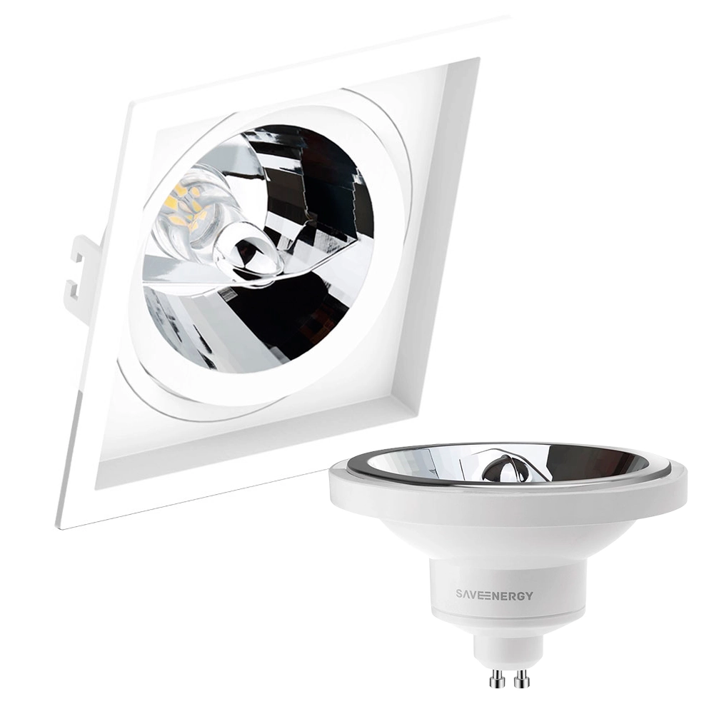 Kit 4 Spot Embutir Quadrado Recuado Ar111 Branco + Lâmpada Led 12w 2700k