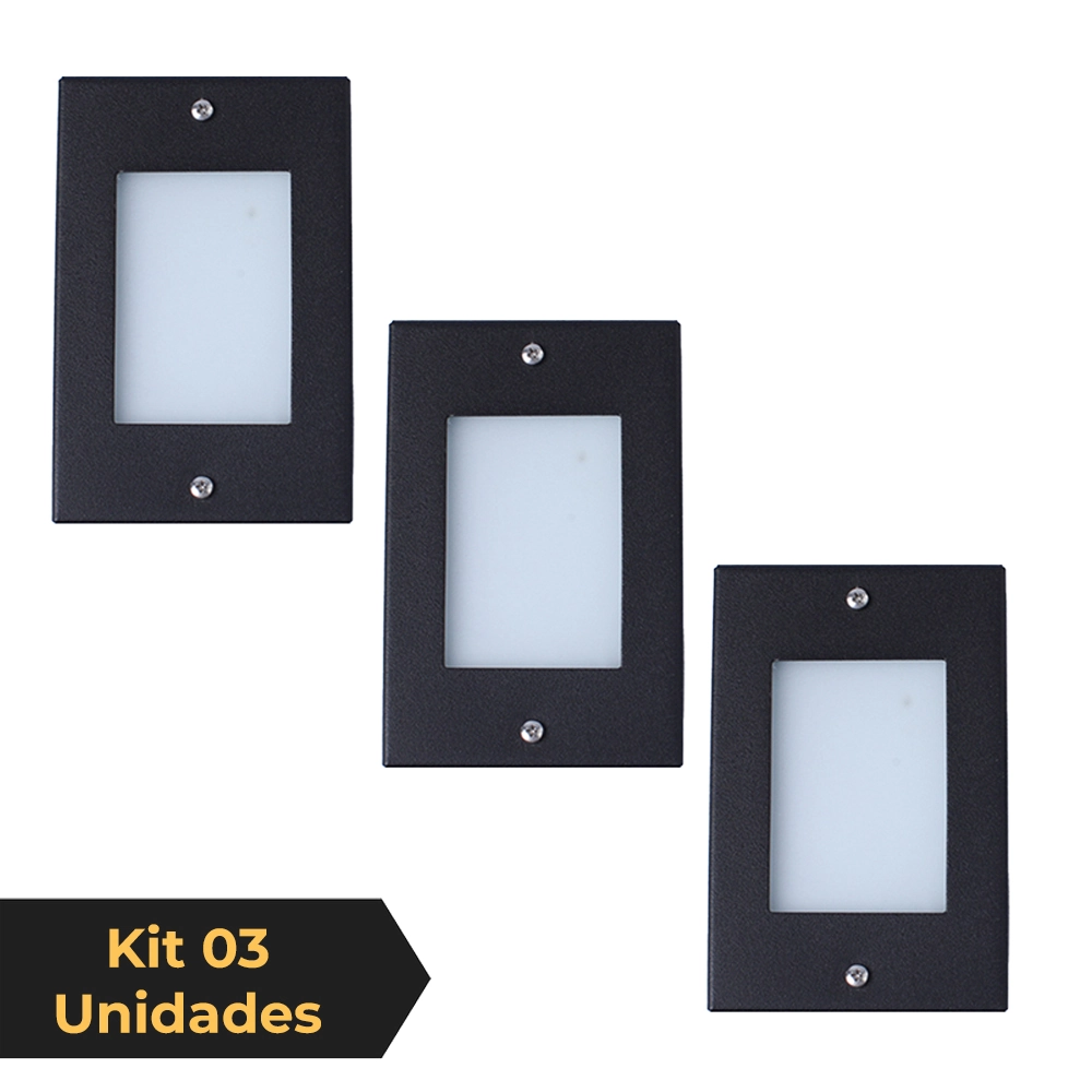 Kit 3 Balizador De Embutir Escada Parede Preto 4x2 Alumínio
