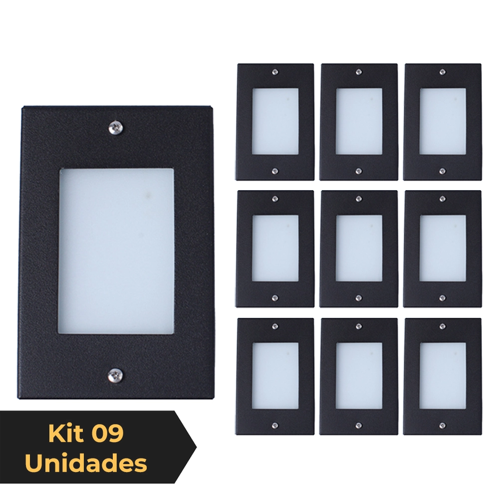 Kit 9 Balizador De Embutir Escada Parede Preto 4x2 Alumínio
