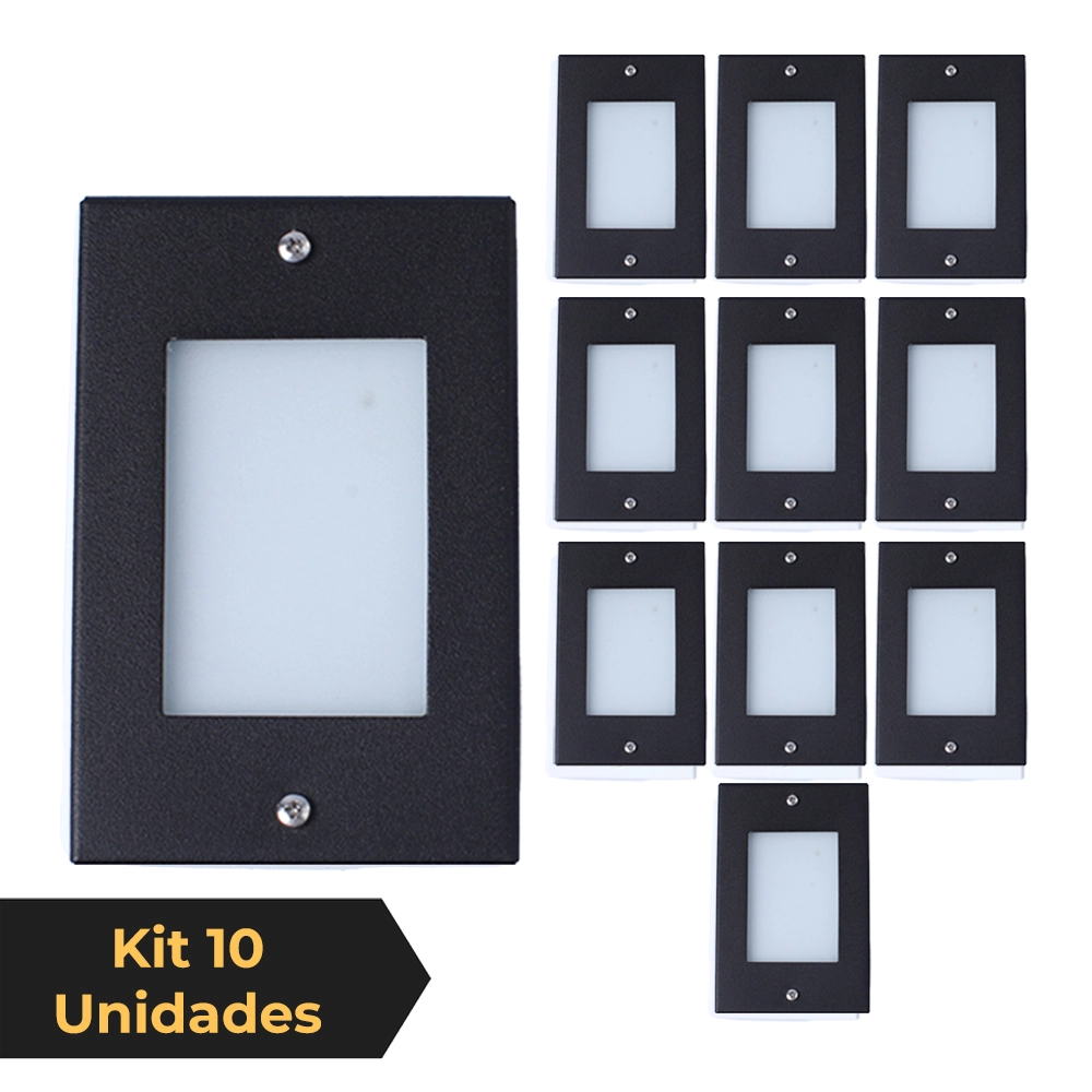 Kit 10 Balizador De Embutir Escada Parede Preto 4x2 Alumínio
