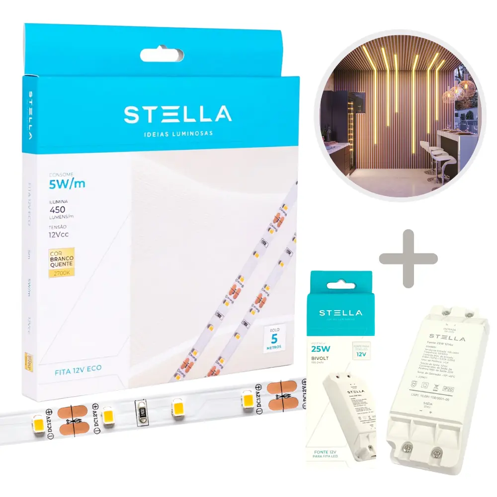 Fita Led Profissional Eco 5w/m Ip20 12v 2700k Stella + Fonte 25w
