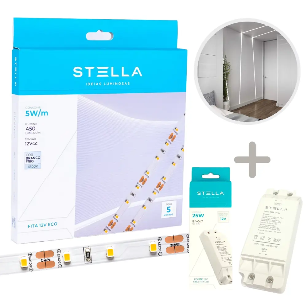 Fita Led Profissional Eco 5w/m Ip20 12v 6500k Stella + Fonte 25w