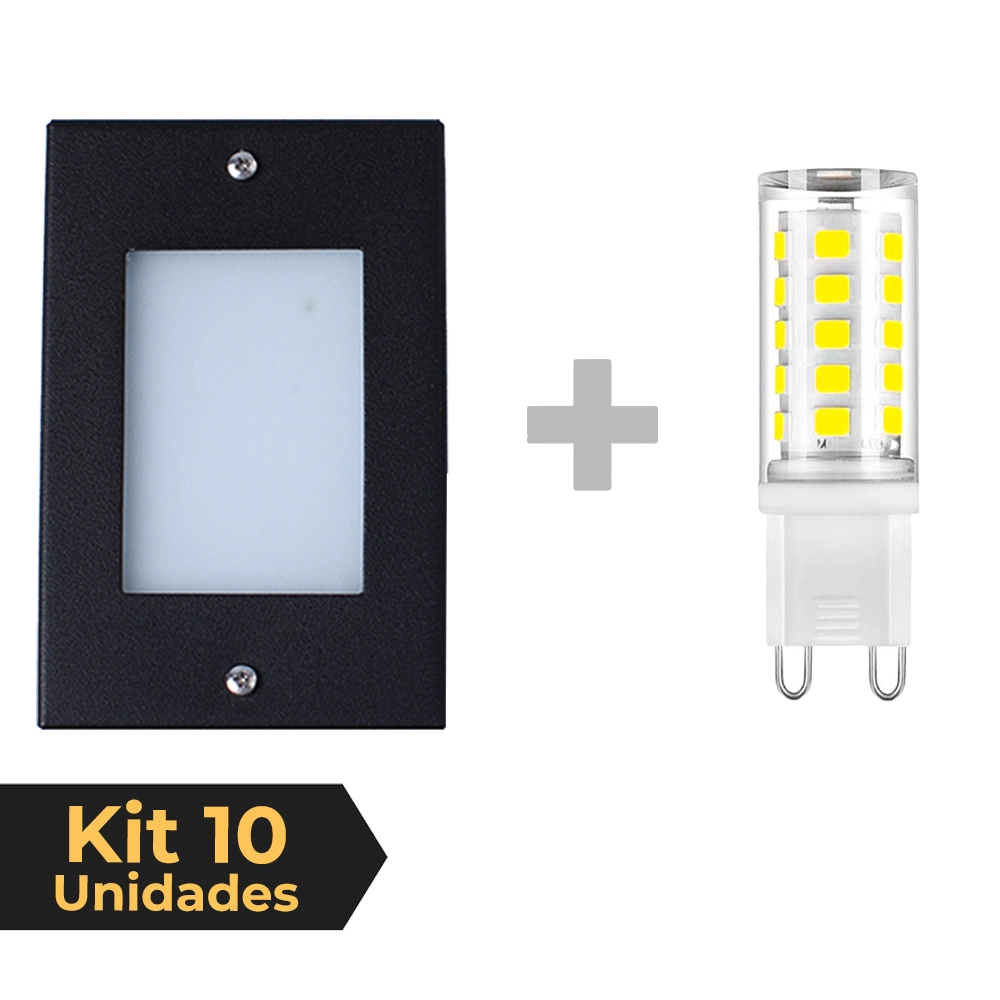 Kit 10 Balizador De Embutir Escada Parede Preto 4x2 Alumínio + Lâmpada Led G9 5w Branco Quente