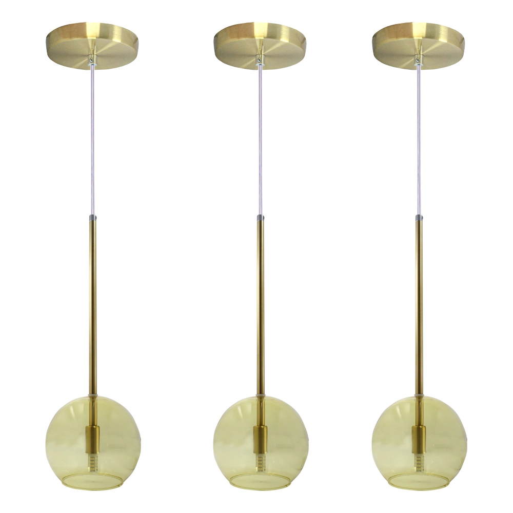 Kit 3 Pendente Lux Dourado Globo Âmbar Vidro + Led