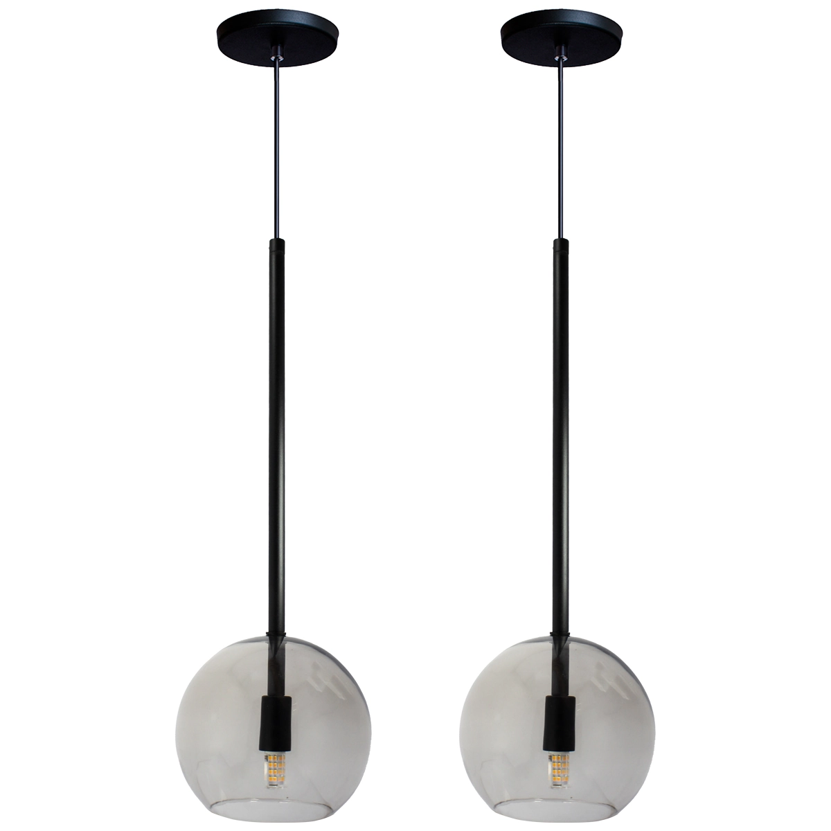 Kit 2 Pendente Lux Preto Globo Vidro Fumê + Led Brinde