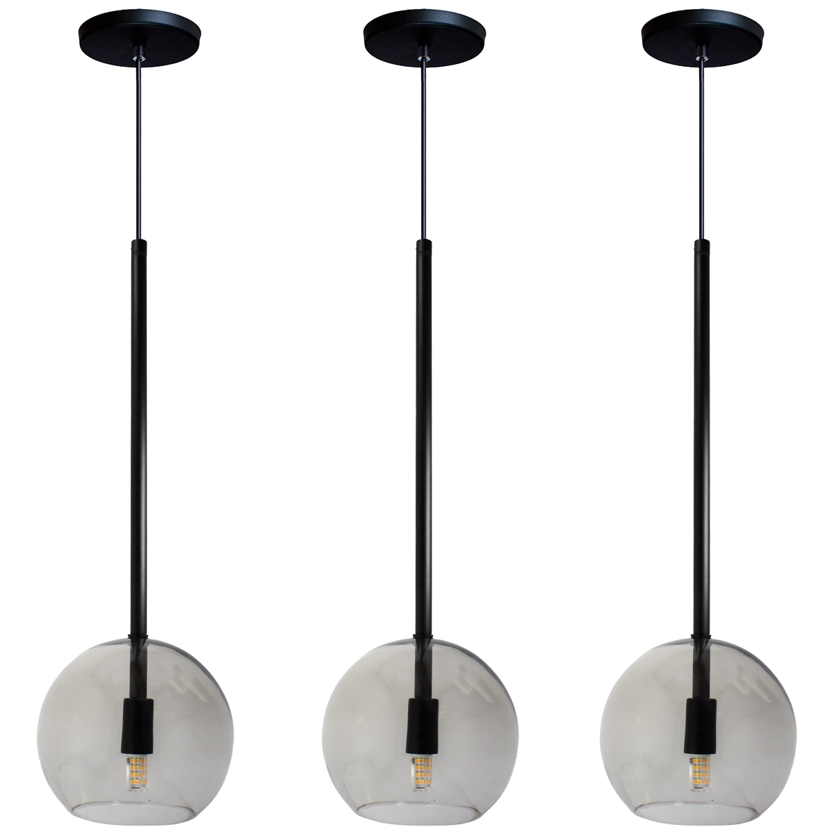 Kit 3 Pendente Lux Preto Globo Vidro Fumê + Led Brinde