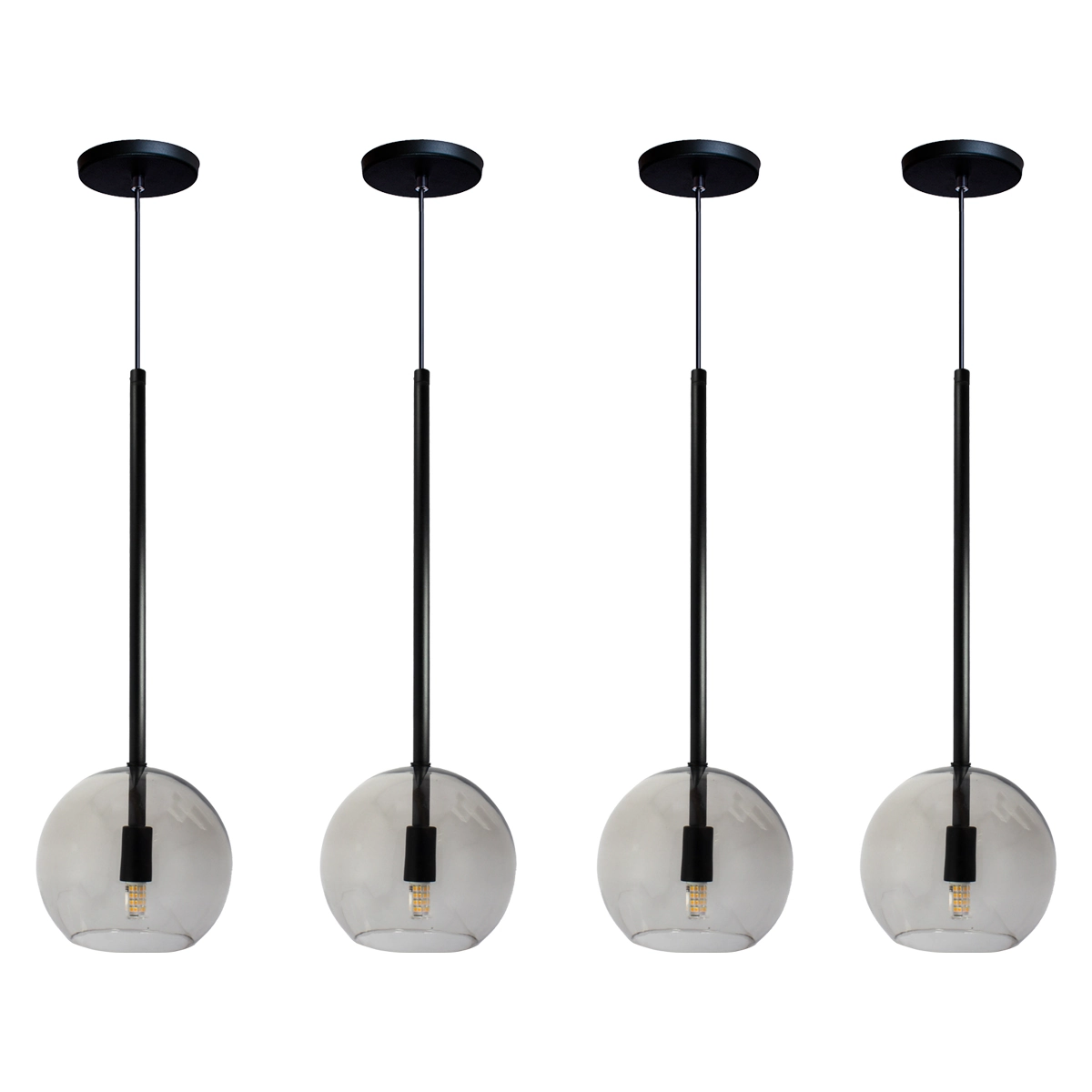 Kit 4 Pendente Lux Preto Globo Vidro Fumê + Led Brinde