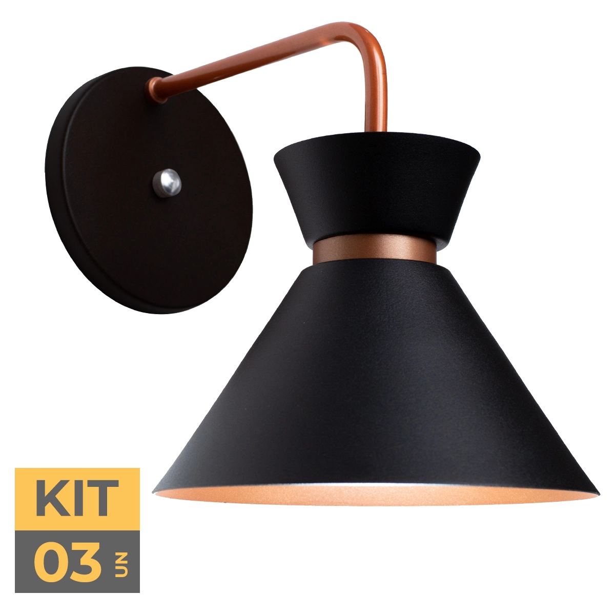 Kit 3 Arandela Parede Berlin 15cm Preto C/ Cobre